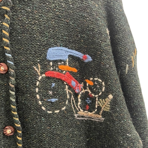 Woolrich Christmas Holiday Pure Wool Cardigan Green Size L Snowman Embroidered - Picture 2 of 12